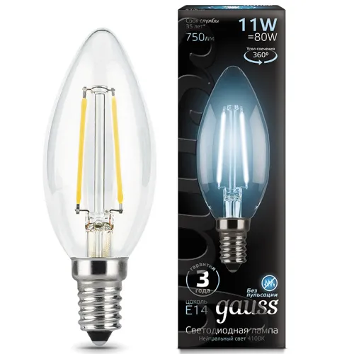 Лампа Gauss LED Filament Свеча E14 11W 810lm 4100К 1/10/50